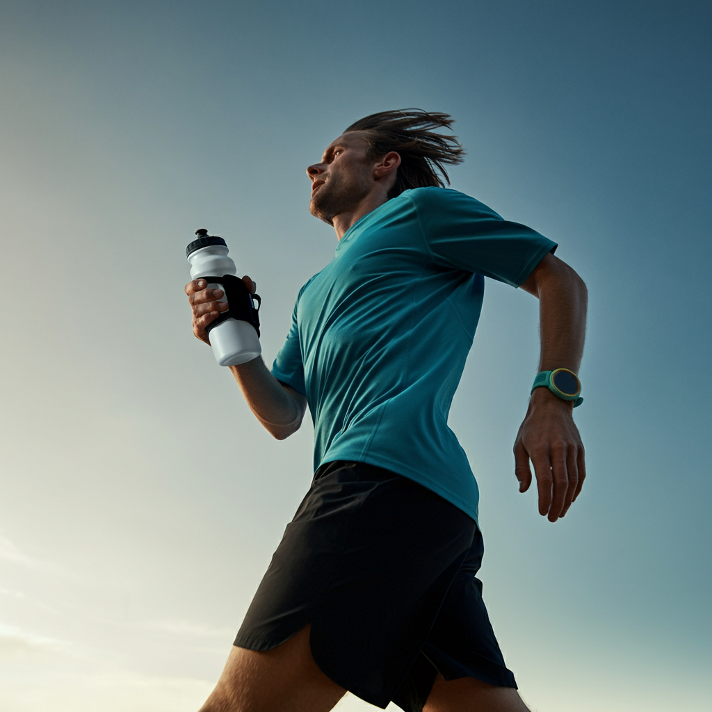 Un coureur a un porte-bidon dans la main pendant une course sur route