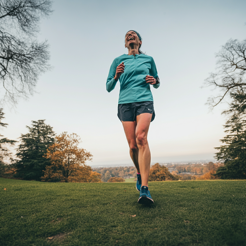 Une coureuse rit pendant son footing dans un parc