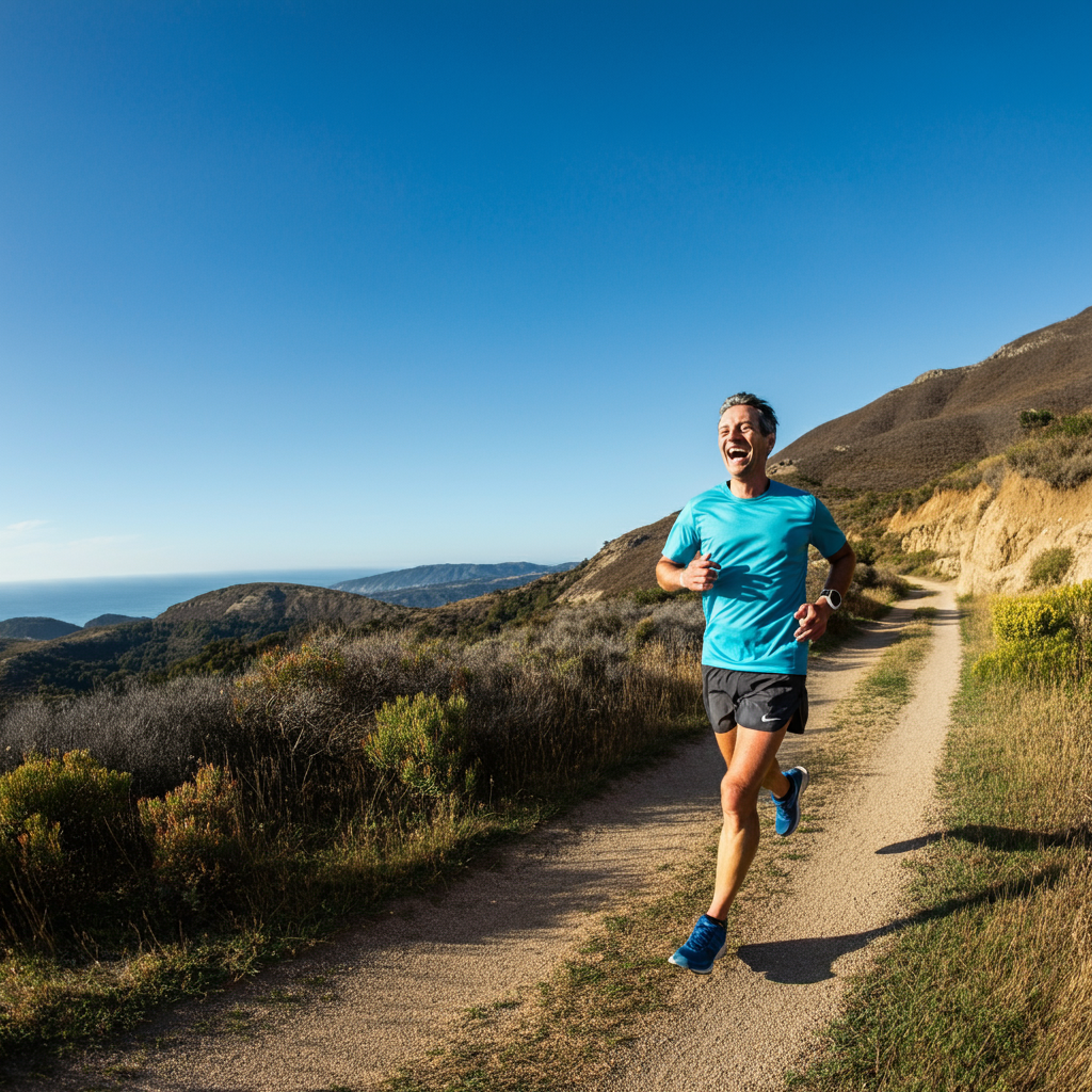 Un coureur rit pendant son footing sur un sentier en montagne