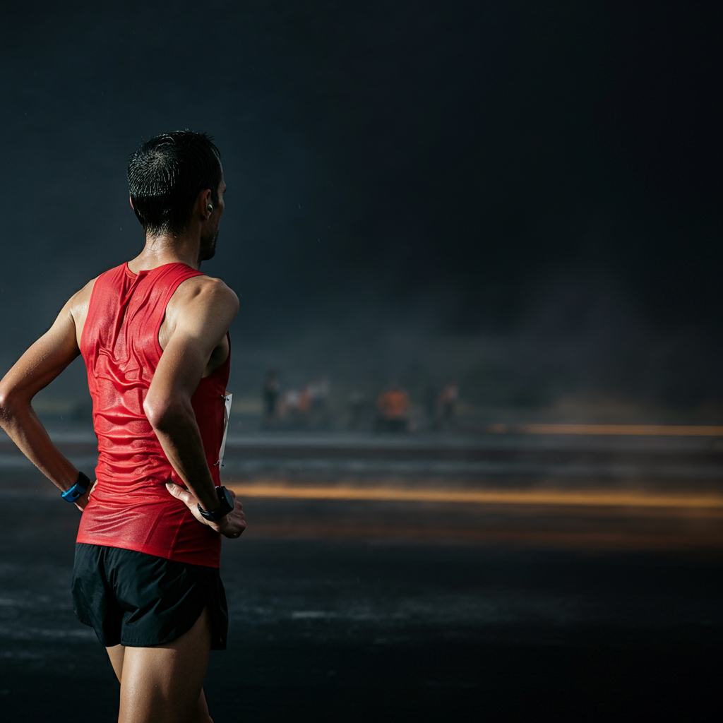 Un coureur vue de dos &agrave; la fin de sa s&eacute;ance d'entrainement dans une zone volcanique