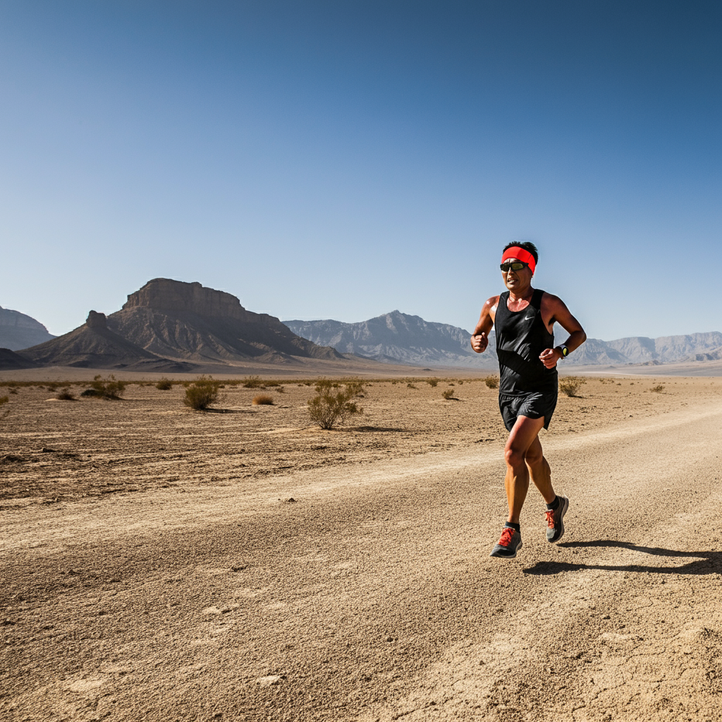 Un coureur vue de face pendant sa s&eacute;ance d'entrainement dans une zone d&eacute;sertique