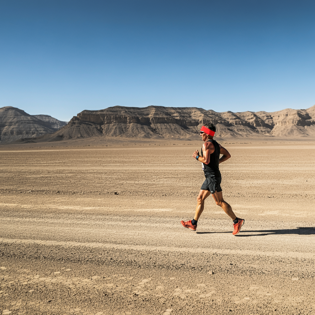 Un coureur vue de c&ocirc;t&eacute; &agrave; la fin de sa s&eacute;ance d'entrainement dans une zone d&eacute;sertique