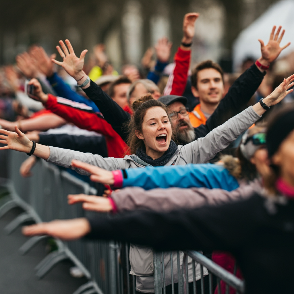 Une spectatrice et d'autrres personnes lèvent les bras et encouragent des coureurs pendant une course
