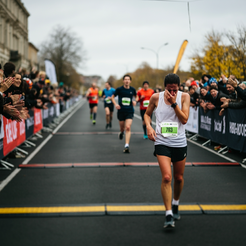 Une coureuse pleure à la fin d'une course