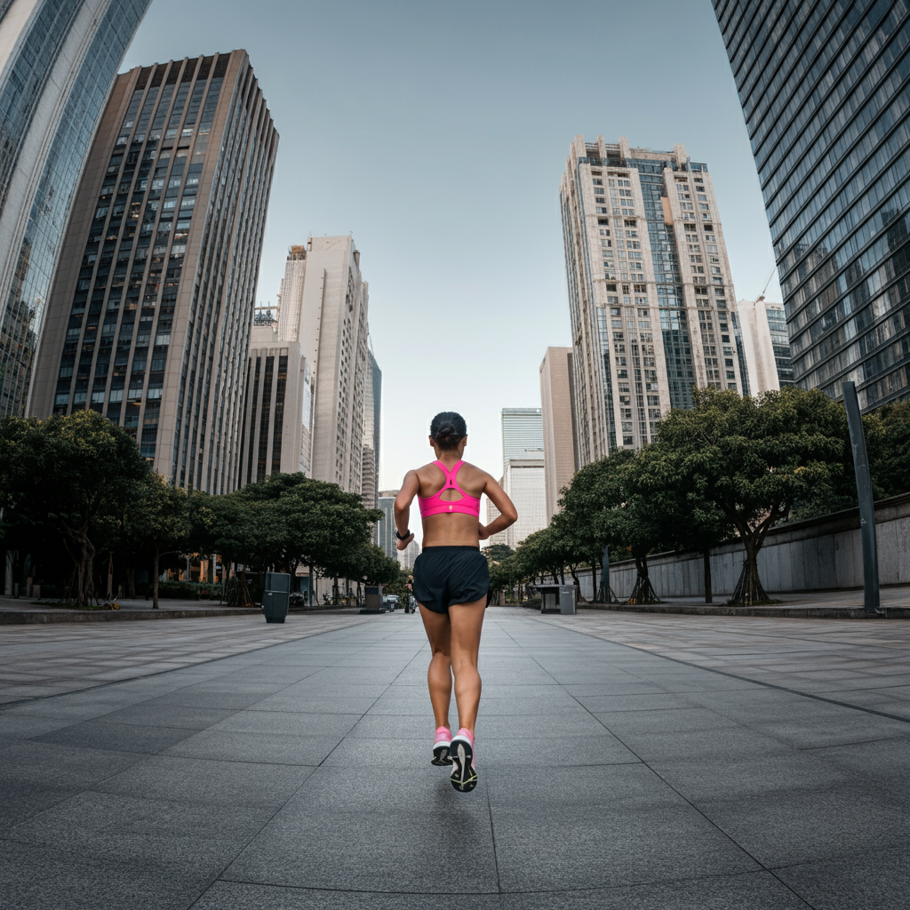 coureuse fait son footing dans la rue autour de gratte ciels