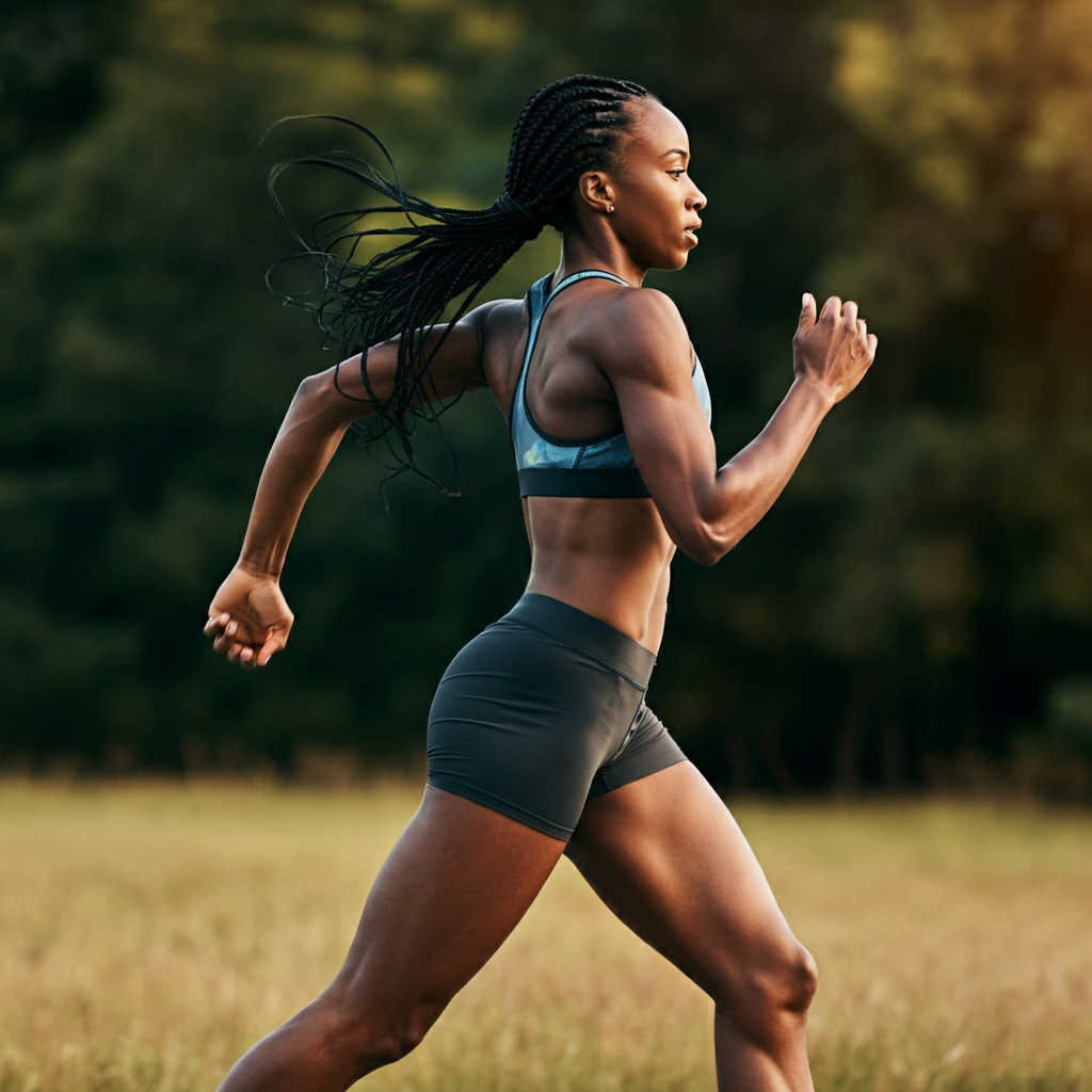 Une jeune femme musclée court en zone 2 vue de profil