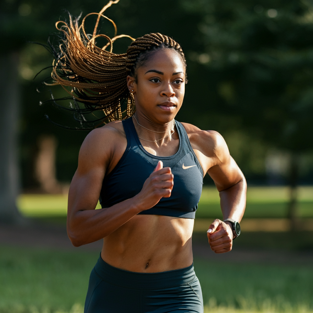 Une jeune femme musclée court en zone 2 dans un parc