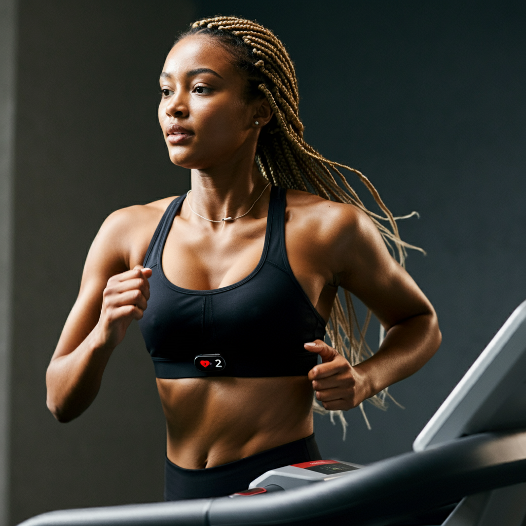 Une jeune femme musclée court en zone 2 sur un tapis de course