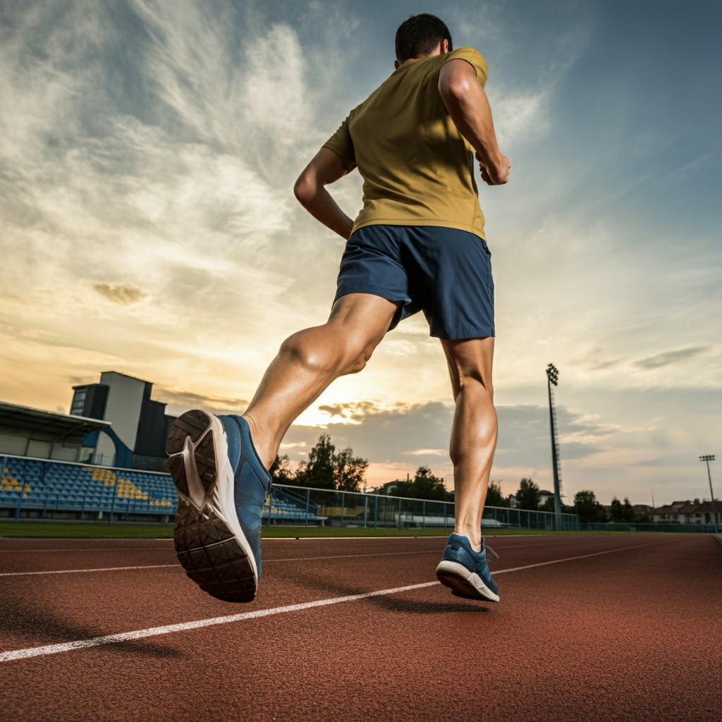 Un jeune homme avec des jambes musclées court en zone 2 sur une piste d'athlétisme au coucher du soleil