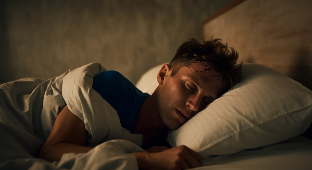 Un jeune homme dort sur le côté dans un lit
