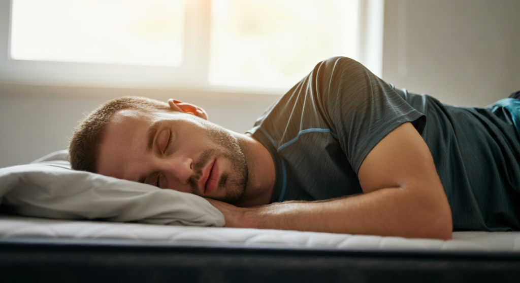 Un jeune homme dort habillé sur le côté dans un lit dans une chambre ensoleillée