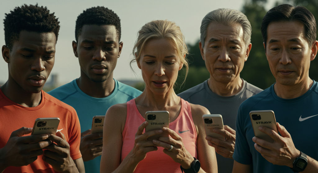 5 coureurs regardent leur fil d'actualité Strava sur leur téléphone