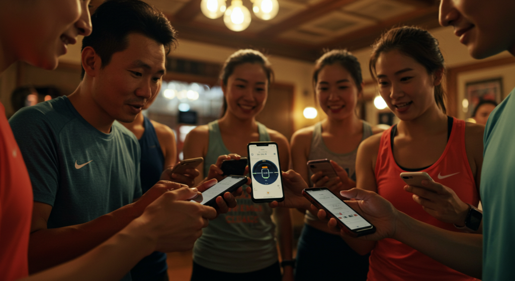 Plusieurs coureurs souriants devant leur téléphone partagent leurs statistiques Strava