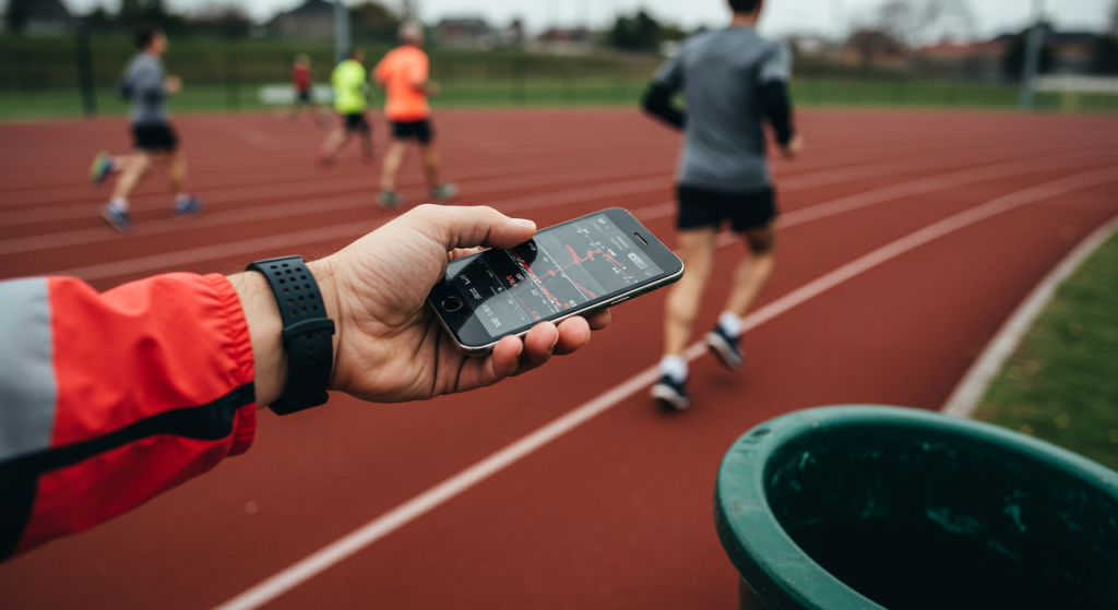 Un coureur tend sa main avec un téléphone avec l'application Strava