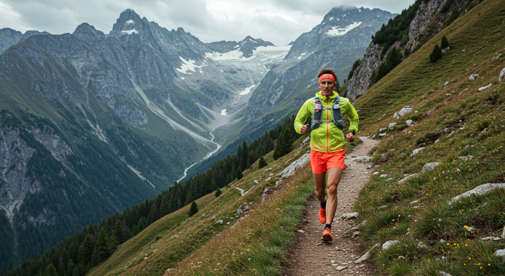 Un jeune homme fait du trail sur un sentier dans les Alpes