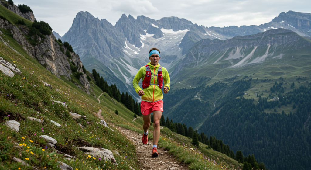 Un jeune homme fait du trail sur un sentier dans les Alpes
