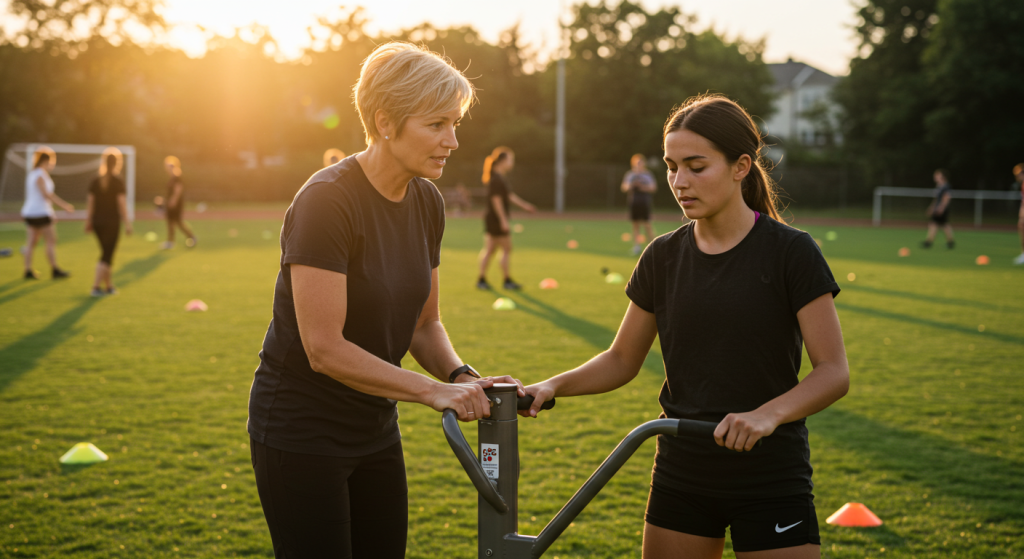 Coach running femme en train de montrer le fonctionnement d'une machine &agrave; une athl&egrave;te femme