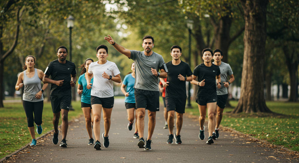Coach running avec le bras lev&eacute; en train de courir avec un groupe dans un parc