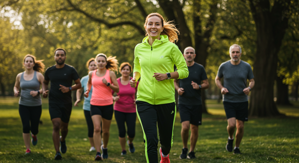 Coach running femme souriante en train de courir avec un groupe dans un parc