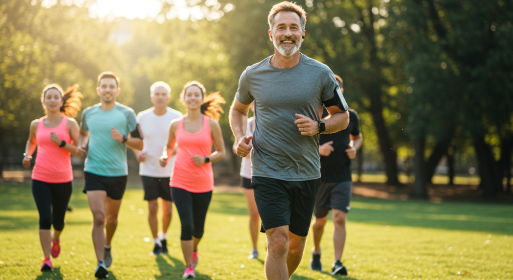 Coach running souriant en train de courir avec un groupe dans un parc
