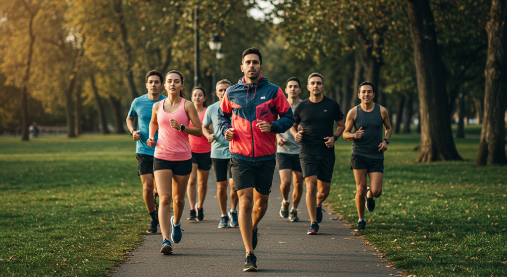 Coach running en train de courir avec un groupe dans un parc