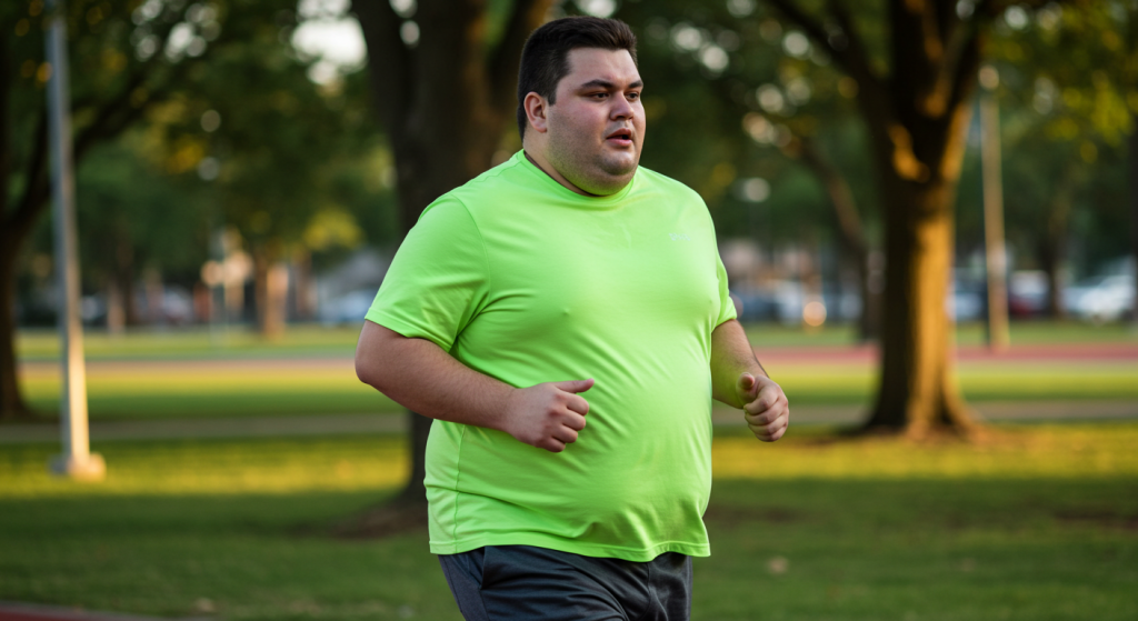 Un jeune homme obèse avec un T-shirt vert clair court dans un parc