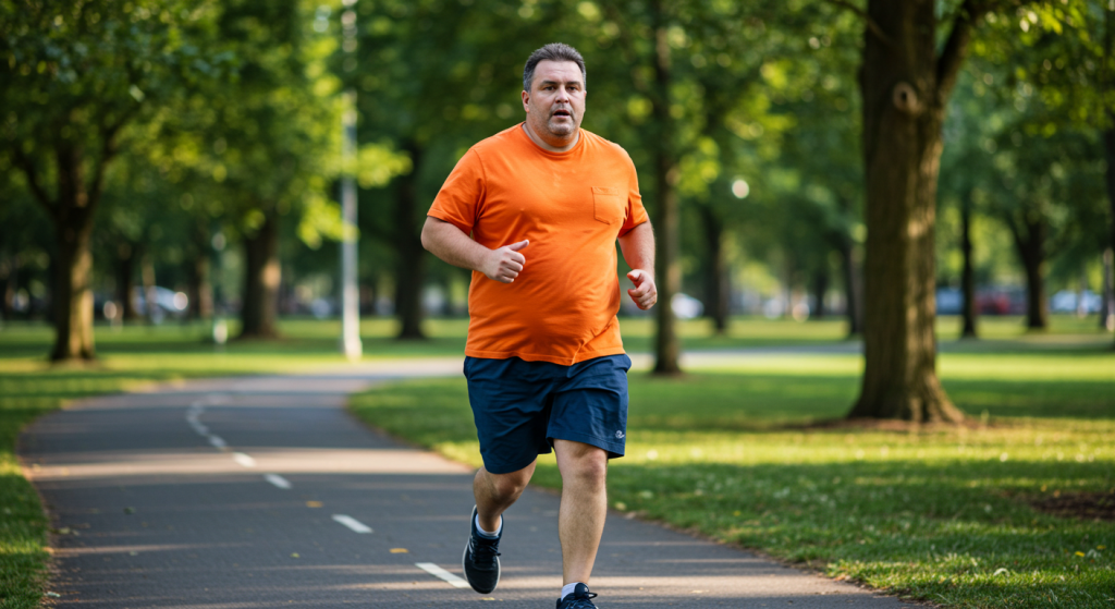 Un homme senior obèse avec un T-shirt orange court dans un parc