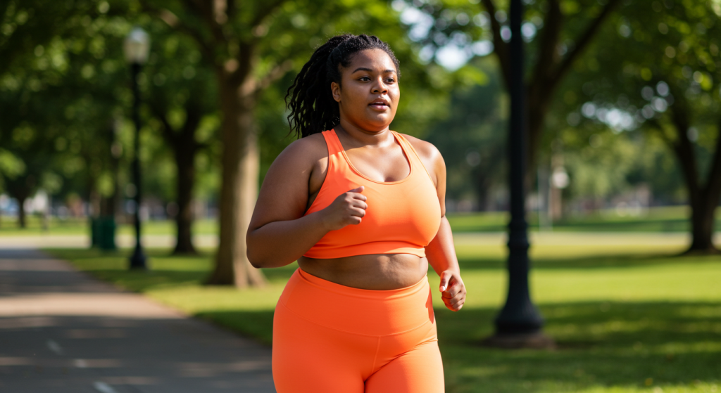 Une jeune femme obèse avec une tenue orange court dans un parc