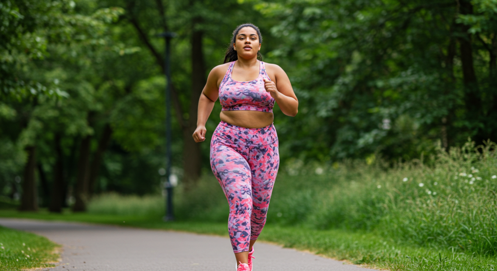 Une jeune femme obèse avec une tenue multicolore rose court dans un parc