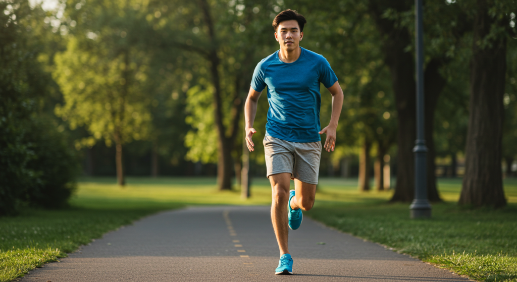 Un jeune homme court sur du bitume dans un parc
