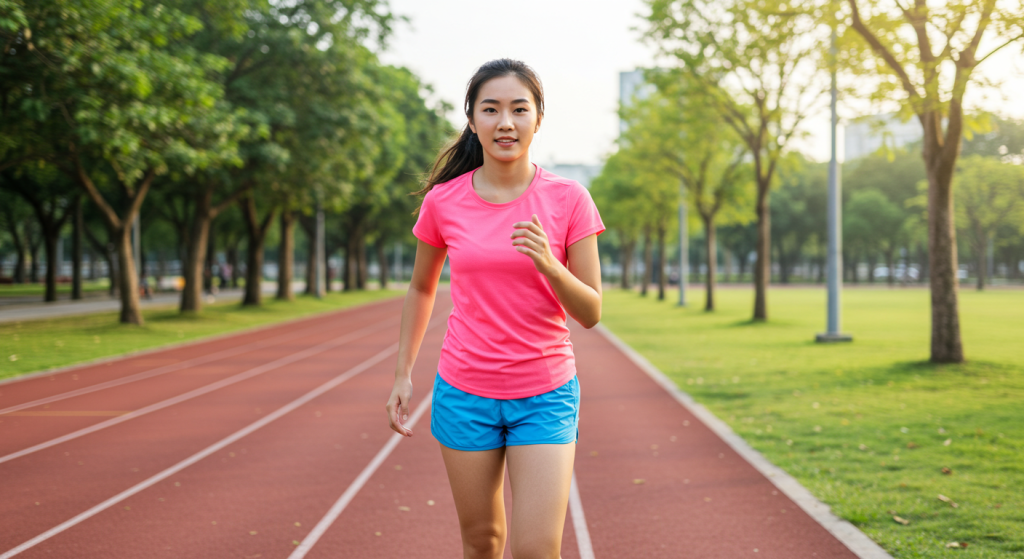 Une jeune femme souriante court sur une piste d'athl&eacute;tisme