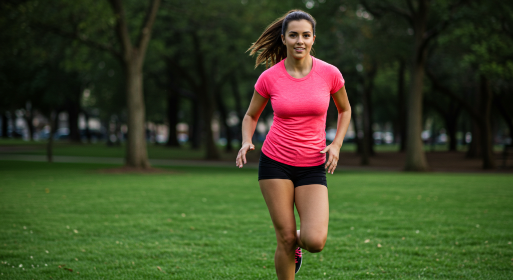 Une jeune femme souriante court sur une pelouse dans un parc
