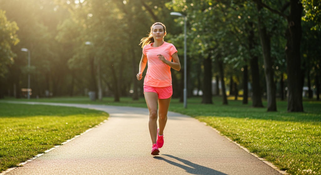 Une jeune femme d&eacute;termin&eacute;e court sur du bitume dans un parc