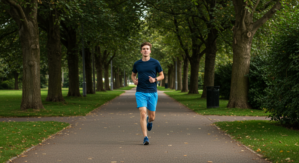 Un jeune homme court sur du bitume dans un parc