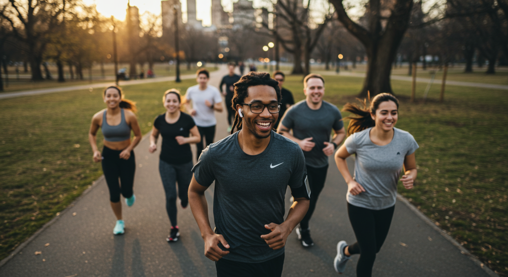 Un groupe de coureurs souriants dans un parc