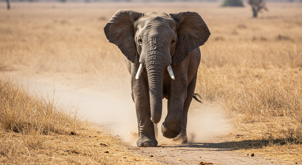 Un éléphant court dans la savane vue de face