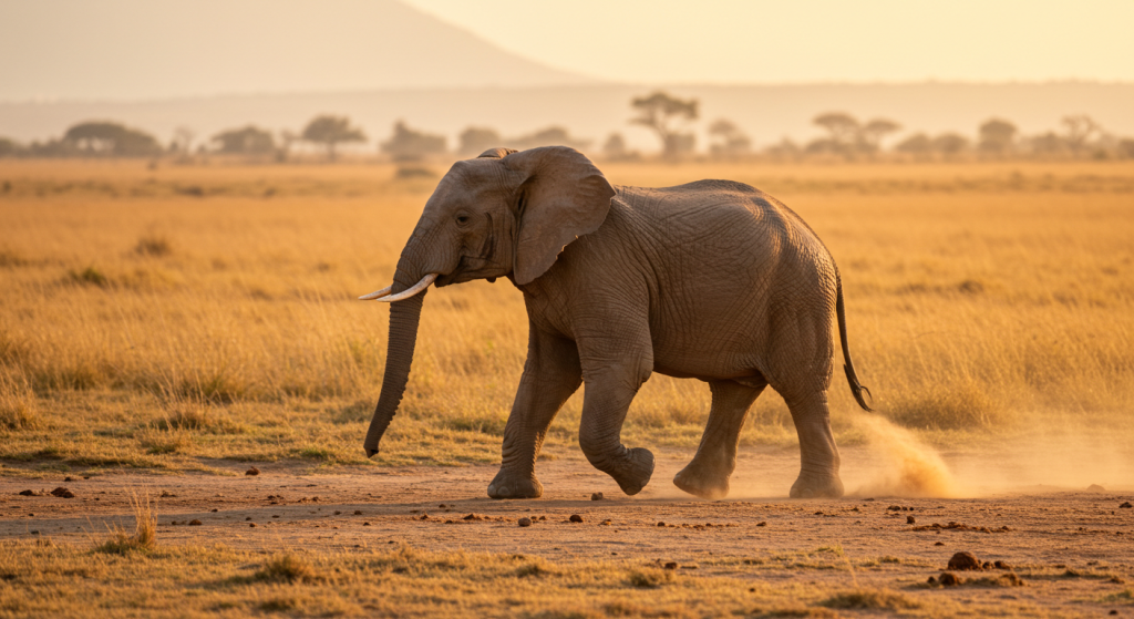 Un éléphant court dans la savane en soirée vue de côté