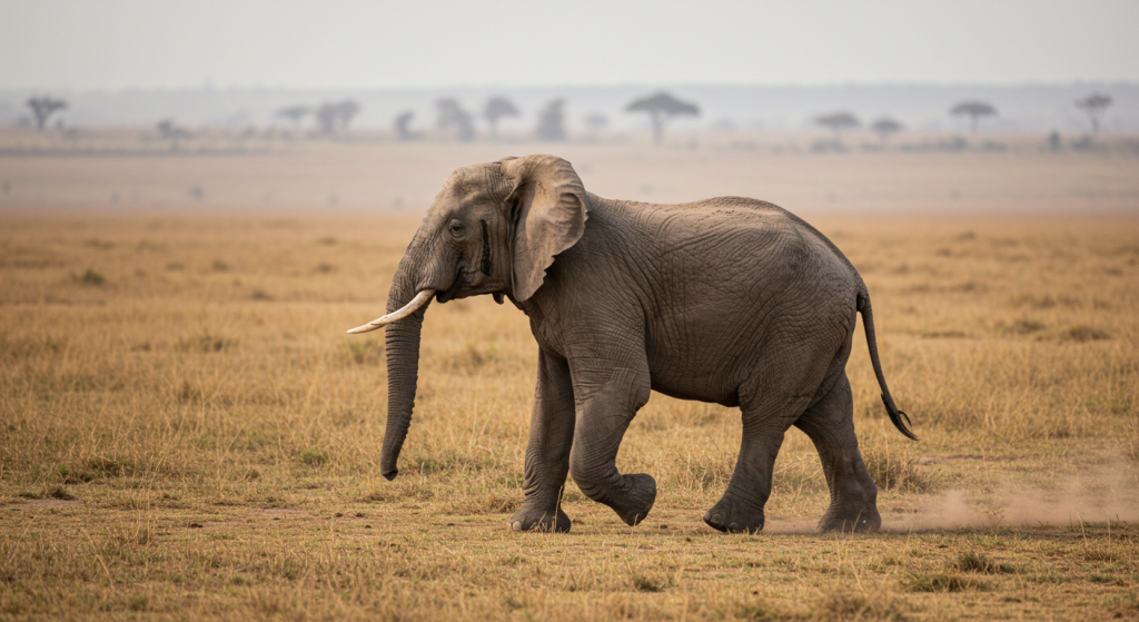 Un éléphant court dans la savane dans la journée vue de face