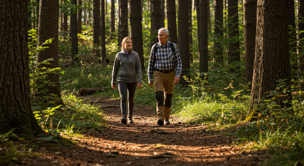 Un couple de marcheurs dans la forêt challenge 6-6-6