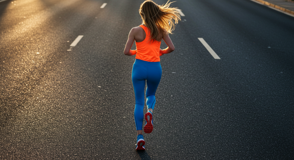 Une jeune femme vue de dos court un marathon sur une route