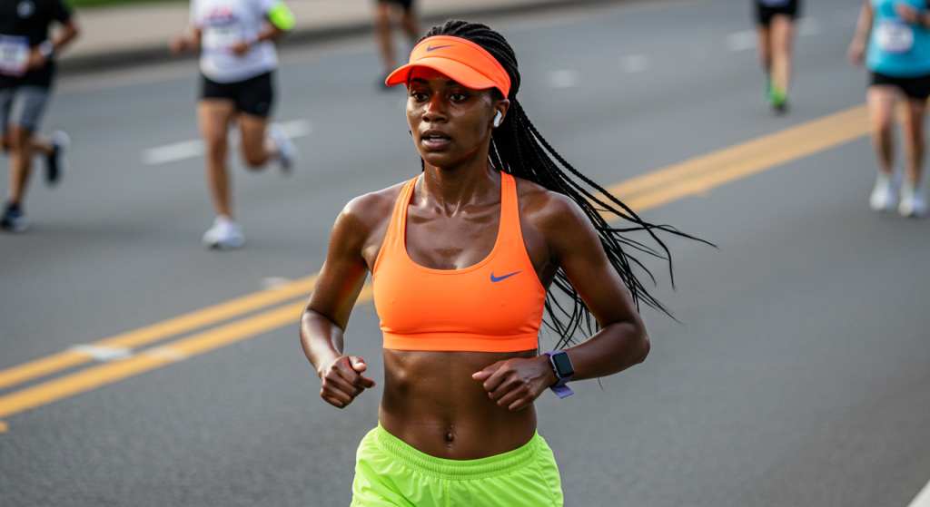 Une jeune femme court un marathon sur une route