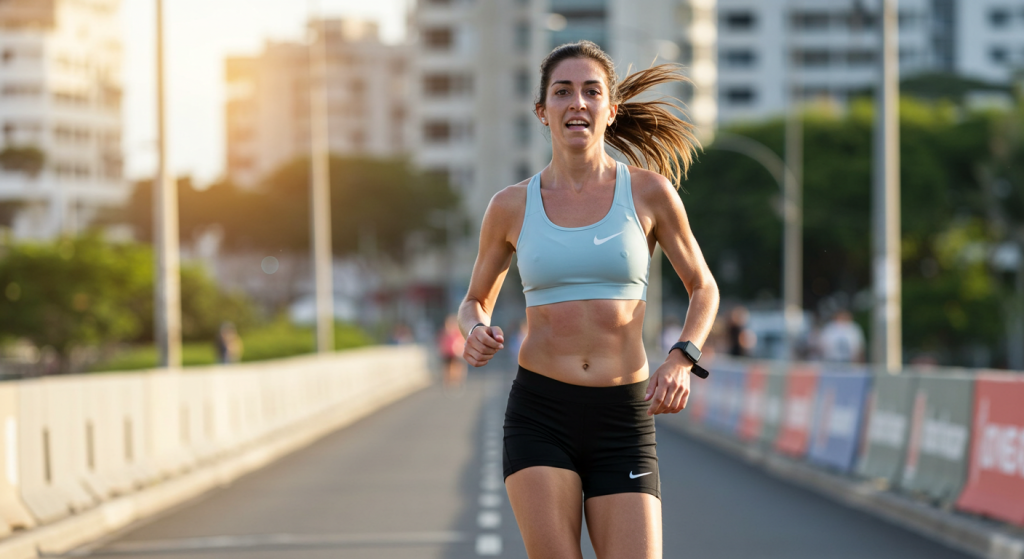Une jeune femme court un marathon sur une route