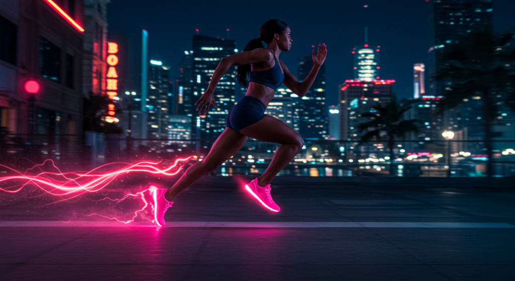 Une jeune femme court avec des super chaussures lumineuses en ville la nuit