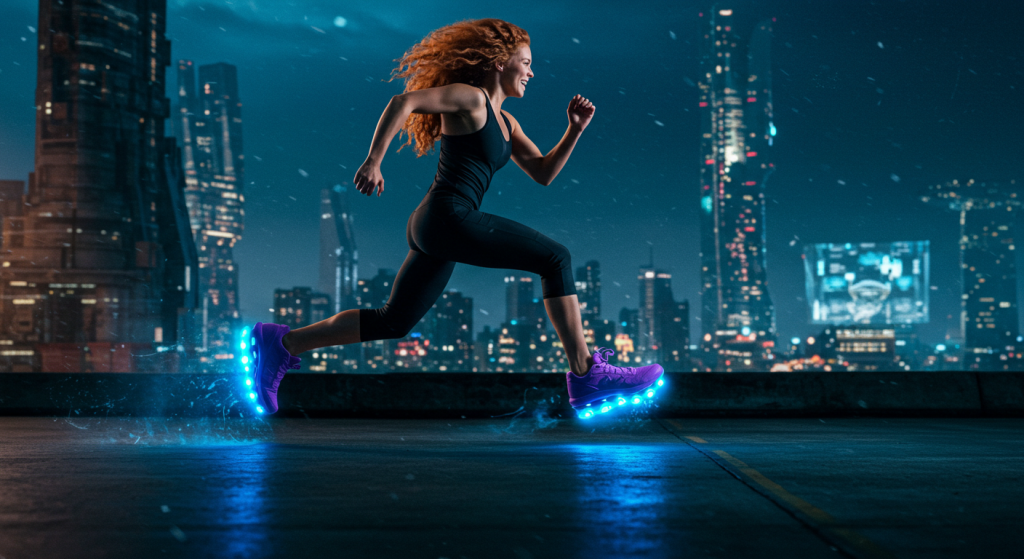 Une jeune femme souriante court avec des super chaussures lumineuses en ville la nuit