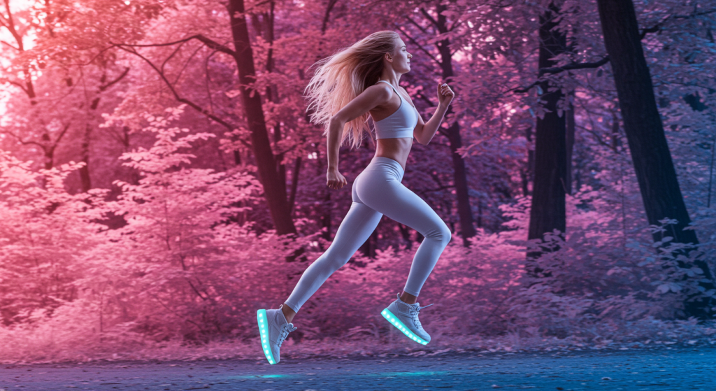 Une jeune femmeblondes court avec des super chaussures lumineuses dans un parc