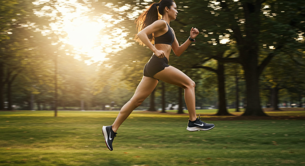 Une jeune femme court avec des super chaussures Nike dans un parc
