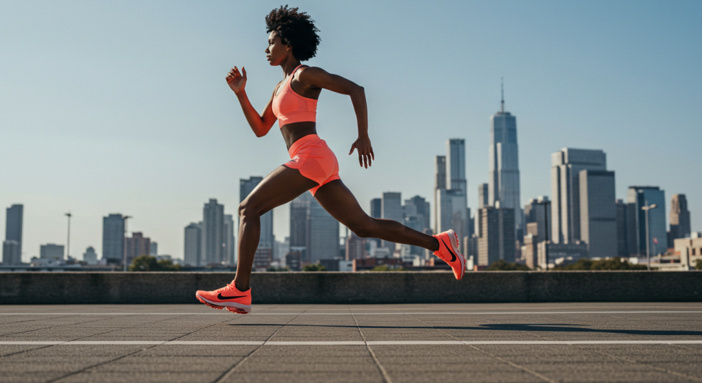 Une jeune femme court avec des super chaussuresNike en ville