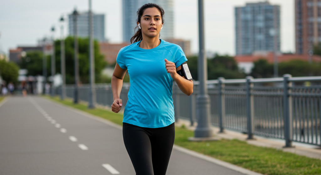 Une jeune femme court dans la rue