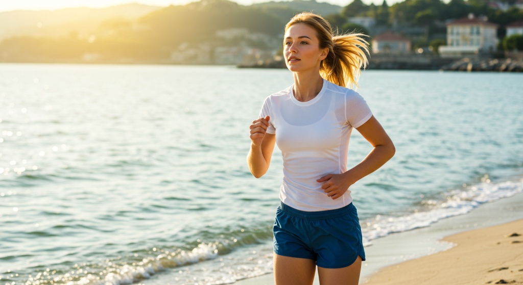 Une jeune femme court sur la plage au coucher de soleil