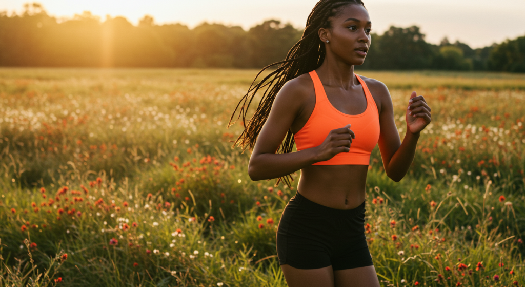 Une jeune femme court dans une prairie